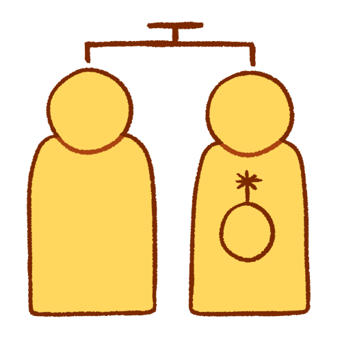  A drawing of two generic emoji yellow people standing next to each other. The person on the right has a large nonbinary symbol on their torso. Above them is a dark brown line with a line down to each of them, with another, shorter connected line above it, reminiscent of a family tree. 